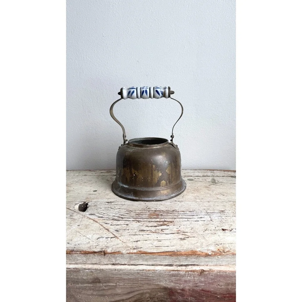 Antique Brass Tea Kettle Blue White Ceramic Handle Primitive Farmhouse